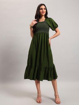 Femvy - Olive New Designer Women Printed Smocked Midi Dress With Puff Sleeves And Ruffle Hem