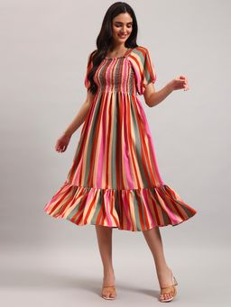 Femvy - Multi-Color New Designer Women Printed Smocked Midi Dress With Puff Sleeves