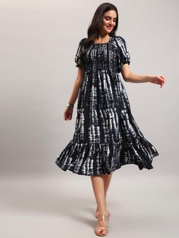 Femvy - Black New Designer Women Printed Smocked Midi Dress With Puff Sleeves And Ruffle Hem