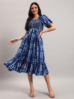 Femvy - Blue New Designer Women Printed Smocked Midi Dress With Puff Sleeves And Ruffle Hem