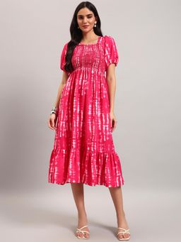 Femvy - Pink New Designer Women Printed Smocked Midi Dress With Puff Sleeves And Ruffle Hem