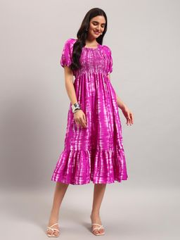 Femvy - Magenta New Designer Women Printed Smocked Midi Dress With Puff Sleeves