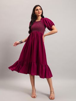 Femvy - Wine New Designer Women Printed Smocked Midi Dress With Puff Sleeves And Ruffle Hem