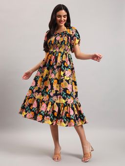 Femvy - Yellow New Designer Women Printed Smocked Midi Dress With Puff Sleeves And Ruffle Hem