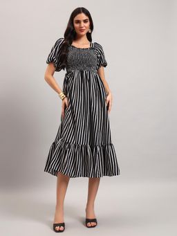 Femvy - White New Designer Women Printed Smocked Midi Dress With Puff Sleeves And Ruffle Hem