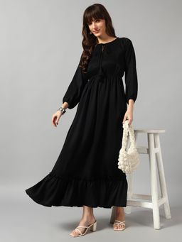 Femvy - Black Women New Designer Printed Maxi Dress With Keyhole Neck