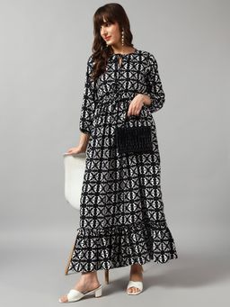 Femvy - Black Women New Designer Printed Maxi Dress With Keyhole Neck