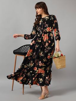 Femvy - Black Women New Designer Printed Maxi Dress With Keyhole Neck
