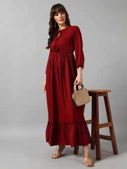 Femvy - Maroon Women New Designer Printed Maxi Dress With Keyhole Neck