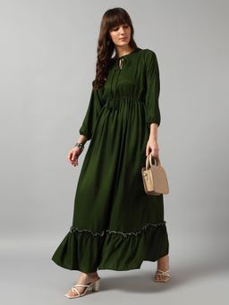 Femvy - Olive Women New Designer Printed Maxi Dress With Keyhole Neck