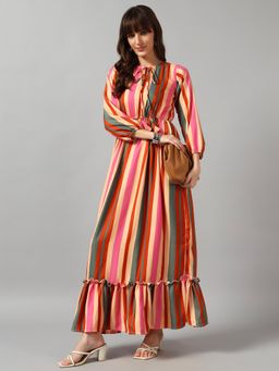 Femvy - Multi-Color Women New Designer Printed Maxi Dress With Keyhole Neck