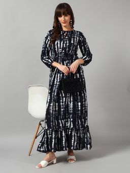 Femvy - Black Women New Designer Printed Maxi Dress With Keyhole Neck