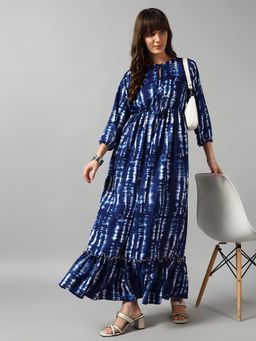 Femvy - Blue Women New Designer Printed Maxi Dress With Keyhole Neck