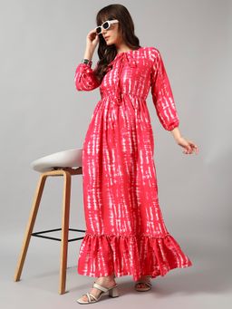 Femvy - Red Women New Designer Printed Maxi Dress With Keyhole Neck