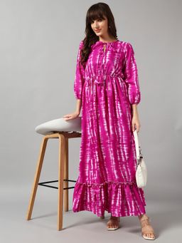 Femvy - Magenta Women New Designer Printed Maxi Dress With Keyhole Neck