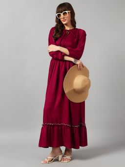 Femvy - Wine Women New Designer Printed Maxi Dress With Keyhole Neck