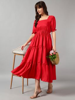 Femvy - Red Women New Designer Printed Maxi Dress With Square Neck & Short Sleeves