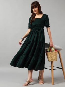 Femvy - Green Women New Designer Printed Maxi Dress With Square Neck & Short Sleeves