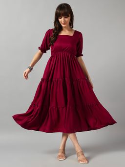 Femvy - Maroon Women New Designer Printed Maxi Dress With Square Neck & Short Sleeves