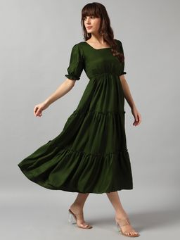 Femvy - Olive Women New Designer Printed Maxi Dress With Square Neck & Short Sleeves