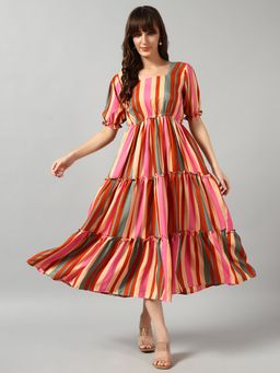 Femvy - Multi-Color Women New Designer Printed Maxi Dress With Square Neck & Short Sleeves