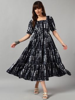 Femvy - Black Women New Designer Printed Maxi Dress With Square Neck & Short Sleeves