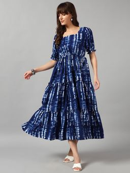 Femvy - Blue Women New Designer Printed Maxi Dress With Square Neck & Short Sleeves