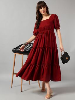 Femvy - Maroon Women New Designer Solid Maxi Dress With Square Neck & Short Sleeves