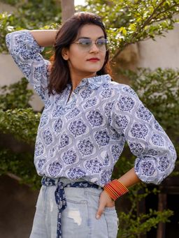 Sassy Sajja - Blue Hand Block Printed Three Fourth Sleeved Top