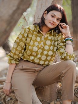 Sassy Sajja - Olive Money Plant Hand Block Printed Top
