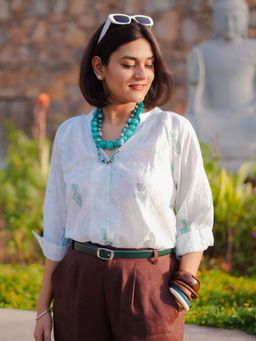 Sassy Sajja - White Hedy Floral Handblock Printed Top