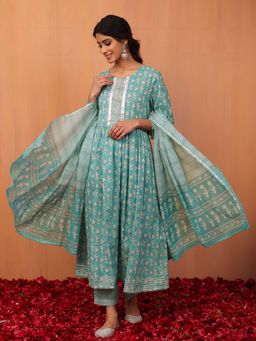 Indya - Light Blue Floral Boota Print Cotton Anarkali Kurta with Pants and Dupatta (Set of 3)