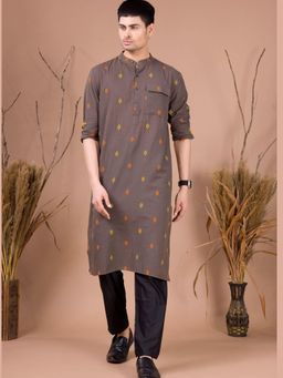 SHIWAM ETHNIX - Men Grey Printed Cotton Organic Kurta