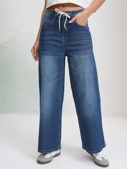 TOKYO TALKIES - Women Blue Wide Leg Light Fade Stretchable Jeans