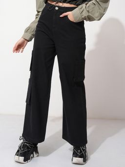 TOKYO TALKIES - Women Black Wide Leg Cargo Stretchable Jeans