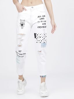 TOKYO TALKIES - Women White Highly Distressed Printed Jeans