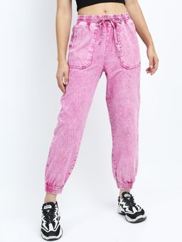 TOKYO TALKIES - Women Pink Heavy Fade Acid Wash Cotton Jogger Jeans