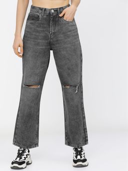 TOKYO TALKIES - Women Grey Slash Knee Heavy Fade Stretchable Jeans