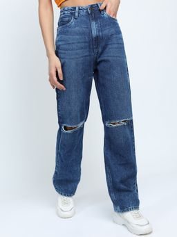TOKYO TALKIES - Women Blue Straight Fit Knee Light Fade Jeans