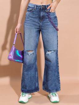 TOKYO TALKIES - Women Blue Bootcut Leg Slash Knee Heavy Fade Stretchable Jeans