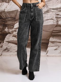 TOKYO TALKIES - Women Black Straight Fit Light Fade Clean Look Stretchable Jeans