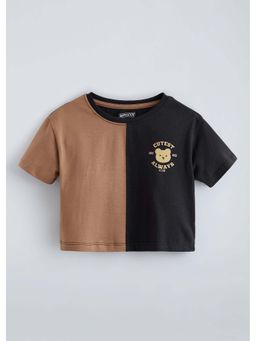 Hopscotch - Brown Cotton Colour-block Boxy T-Shirt