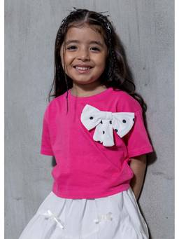 Hopscotch - Pink Polka Dot Bow Applique Cotton T-Shirt