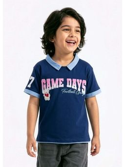 Hopscotch - Navy Blue Teddy Applique Collared T-Shirt