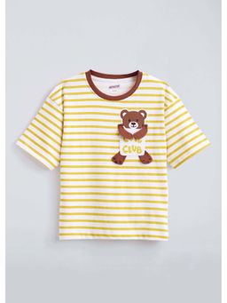 Hopscotch - Yellow Striped Teddy Applique Cotton T-Shirt