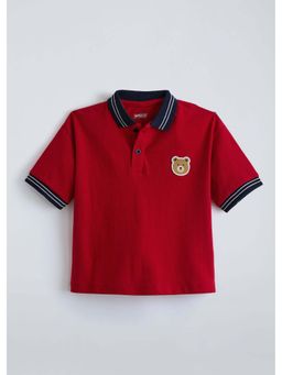 Hopscotch - Red Teddy Applique Cotton Polo T-Shirt
