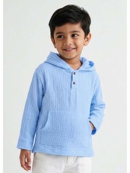 Hopscotch - Blue Textured Hooded Cotton Shirt