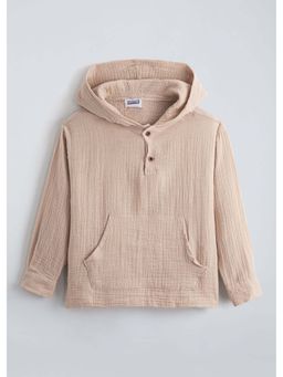 Hopscotch - Beige Textured Hooded Cotton Shirt