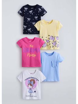 Hopscotch - Multi-Color Printed Ruffled Cotton T-Shirts (Pack of 5)