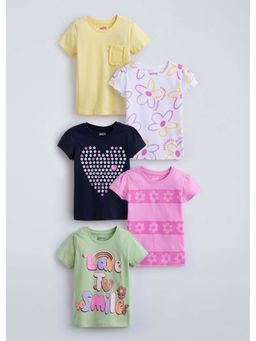 Hopscotch - Multi-Color Ruffled Printed Cotton T-Shirts (Pack of 5)